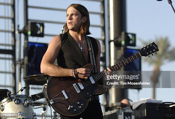 Caleb Followill and the Kings of Leon perform as part of the Coachella Valley Music and Arts Festival at the Empire Polo Fields on April 28, 2007 in...