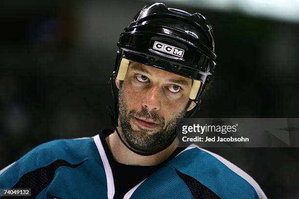 Bill Guerin of the San Jose Sharks looks on against the Nashville Predators in Game 4 of the Western Conference Quarterfinals during the 2007 Stanley...