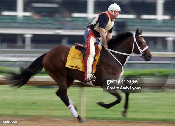 Hard Spun with trainer Larry Jones aboard walks on the track during the morning training for the 133rd Kentucky Derby at Churchill Downs on May 2,...