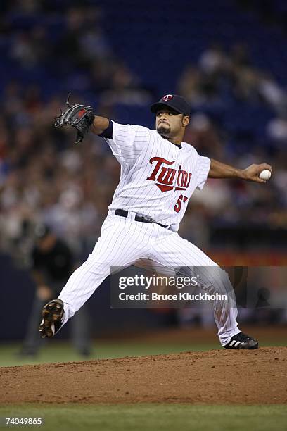 Johan Santana of the Minnesota Twins pitches in the game against the Tampa Bay Devil Rays at the Humphrey Metrodome in Minneapolis, Minnesota on...