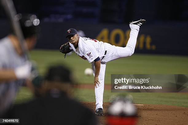 Johan Santana of the Minnesota Twins pitches in the game against the Tampa Bay Devil Rays at the Humphrey Metrodome in Minneapolis, Minnesota on...