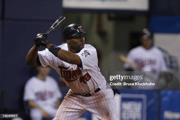 Torii Hunter of the Minnesota Twins bats in the game against the Tampa Bay Devil Rays at the Humphrey Metrodome in Minneapolis, Minnesota on April...