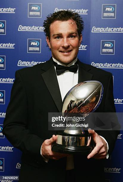 Glen Jackson of Saracens poses with the PRA Computacenter Players' Player of the Year award during the PRA Computacenter Rugby Players Awards Dinner...