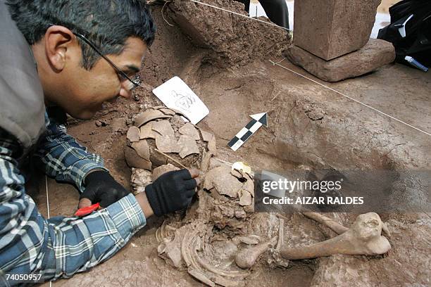 Archaeologist Rogers Angel Cossio cleans a human skeleton dating from the Tiwanaku culture 02 May, 2007 at a site in Tiwanaku, Bolivia. The human...