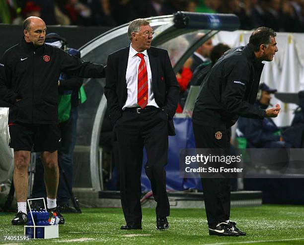 Sir Alex Ferguson manager of Manchester United looks on from the touchline during the UEFA Champions League semi final, second leg match between AC...