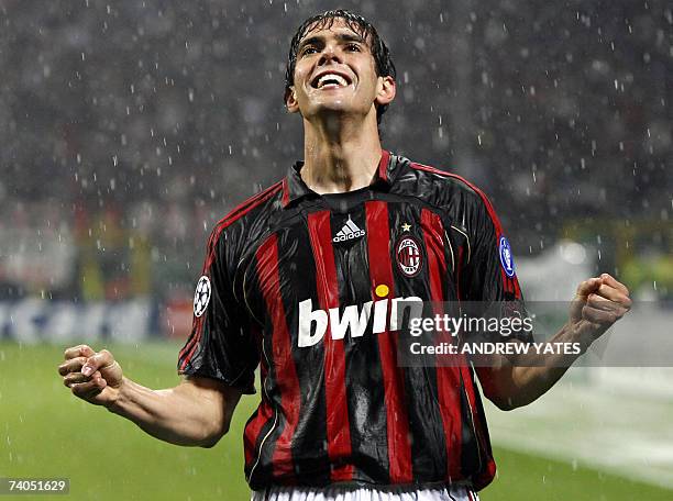 Milan's Kaka celebrates scoring against Manchester United during their European Champions League semi final second leg football match at The San...