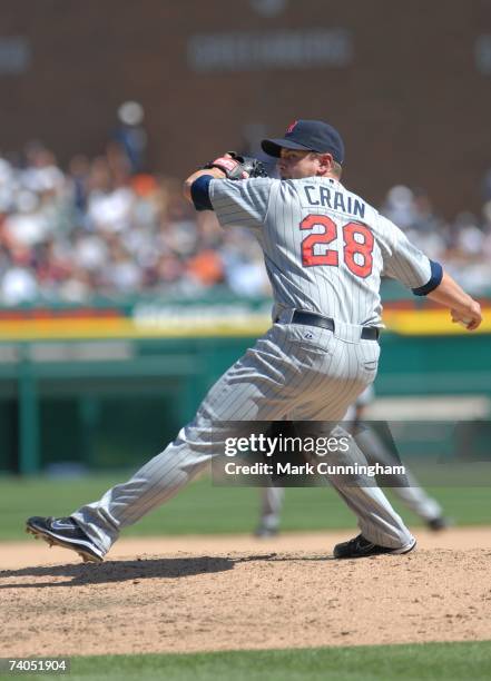 Jesse Crain of the Minnesota Twins pitches during the game against the Detroit Tigers at Comerica Park in Detroit, Michigan on April 29, 2007. The...