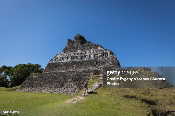 woman walking towards mayan ruin - belize stock pictures, royalty-free photos & images
