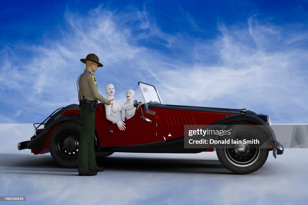 Trooper talking to robot women driving vintage car