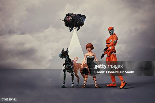 robot man and dog with drone protecting girl - augmented reality animal stock-fotos und bilder