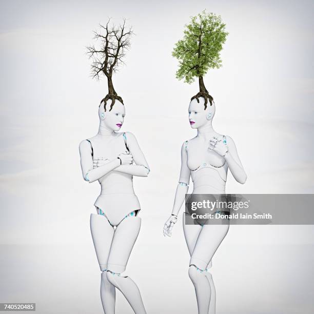 trees growing on heads of robot women - 2 jeunes timide fond blanc photos et images de collection