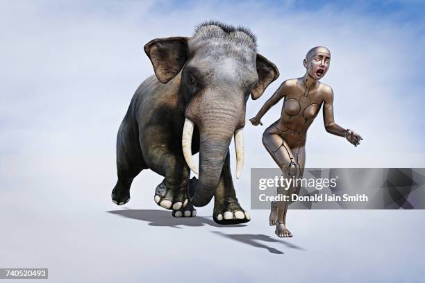 elephant chasing robot woman - augmented reality animal stock-fotos und bilder