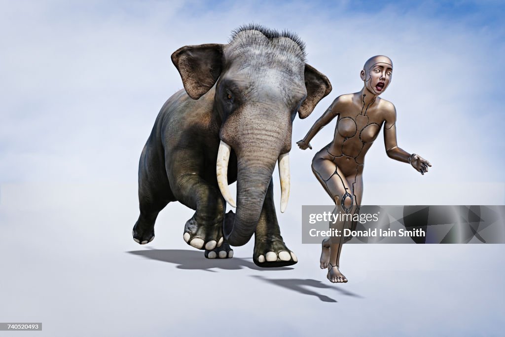Elephant chasing robot woman