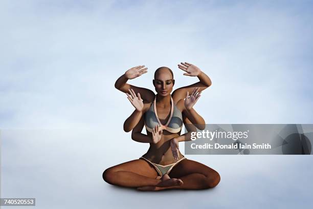 woman with six arms meditating - buddha hands stock-fotos und bilder