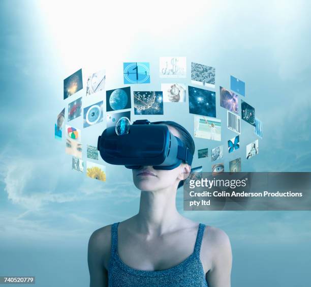 pacific islander woman wearing virtual reality goggles - montage stock pictures, royalty-free photos & images