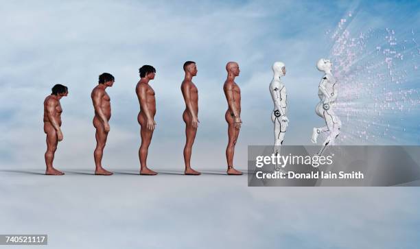 evolution of man from caveman to exploding robot - man robot stockfoto's en -beelden