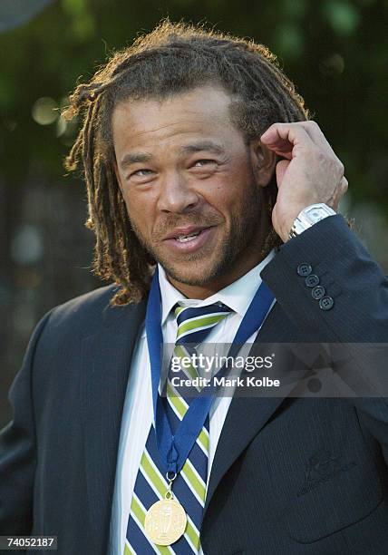 Andrew Symonds speaks to the media shortly after arrival at Sydney International Airport on May 3, 2007 in Sydney Australia. The Australian World Cup...