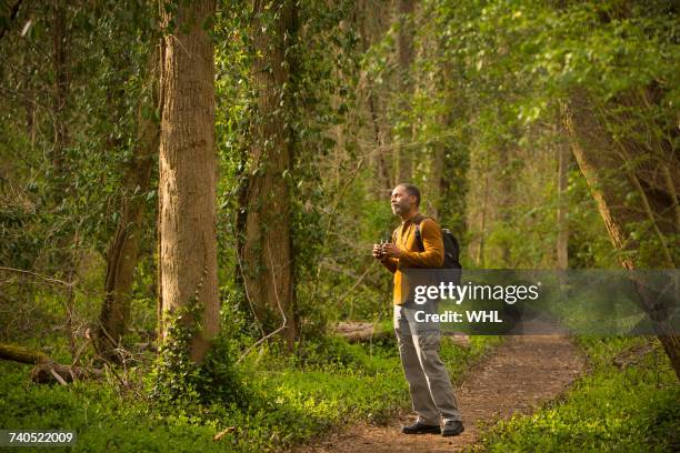 african american man standing on path in forest holding binoculars - virginia amerikaanse staat stockfoto's en -beelden
