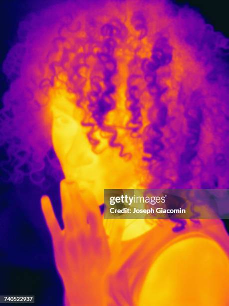 thermal image portrait of mid adult woman blowing a kiss - harrow london stock pictures, royalty-free photos & images