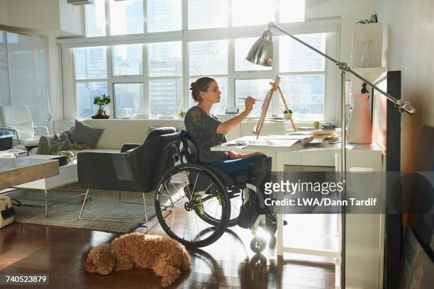caucasian woman in wheelchair painting on easel - rolstoel stockfoto's en -beelden