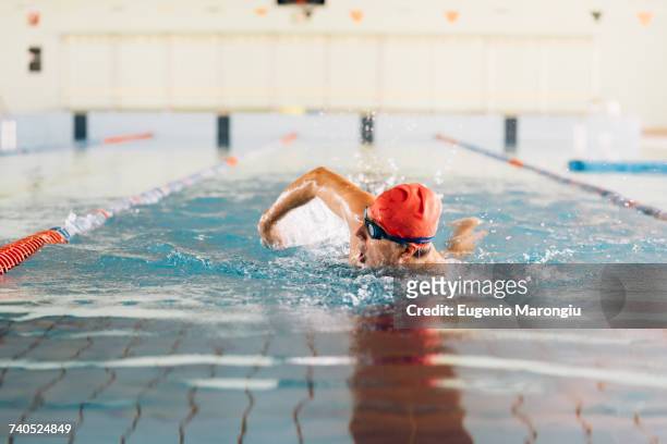senior man swimming in swimming pool - vrije slag stockfoto's en -beelden
