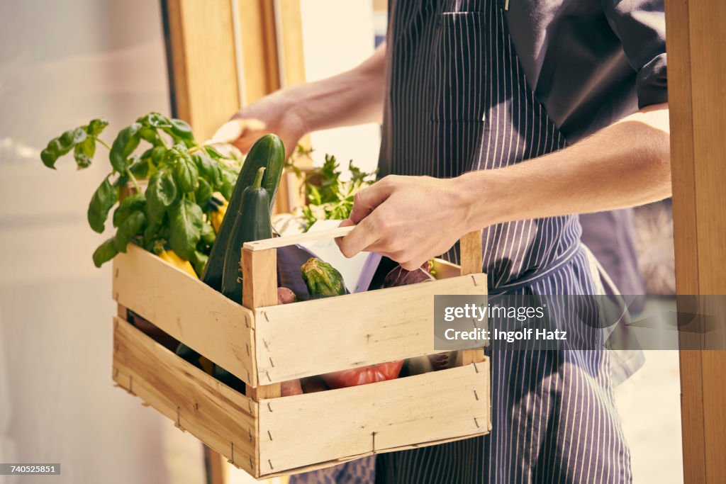 Cropped view of chef carrying crate of vegetables