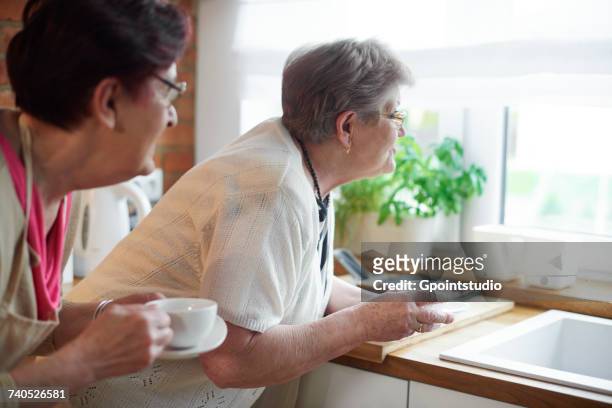 senior adult women drinking coffee and peering out of window - nosey neighbor stock-fotos und bilder