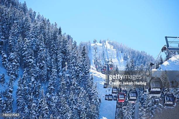 cable car moving up over forested snow covered mountains, aspen, colorado, usa - co stock-fotos und bilder
