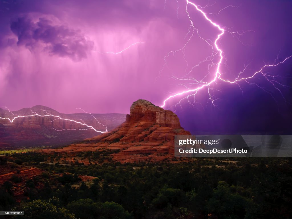 Lightning storm around Bell Rock and Courthouse Butte, Sedona, Arizona, America, USA