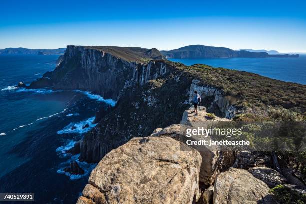 hiker standing on cliffs, cape pillar, tasmania, australia - tasmania landscape stock-fotos und bilder