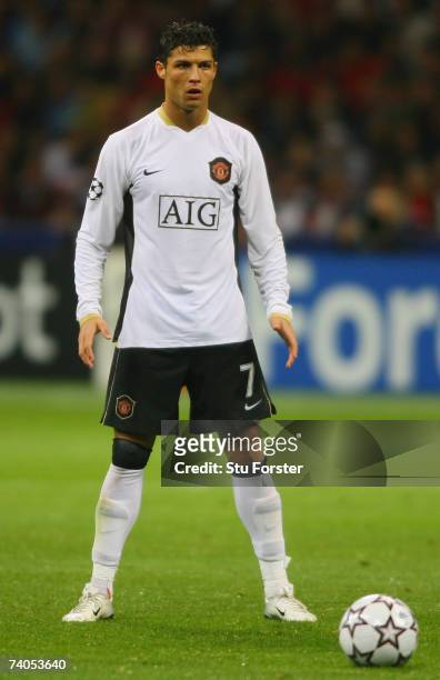Cristiano Ronaldo of Manchester United lines up a free-kick during the UEFA Champions League semi final, second leg match between AC Milan and...