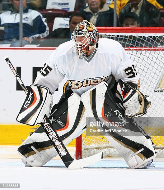 Jean-Sebastien Giguere of the Anaheim Ducks warms up before the game against the Vancouver Canucks in Game Four of the 2007 Western Conference...