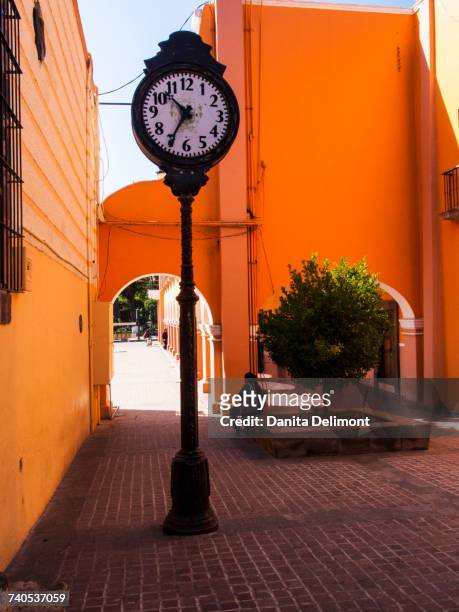 clock on pole, dolores hidalgo, guanajuato, central mexico, mexico - dolores hidalgo stockfoto's en -beelden