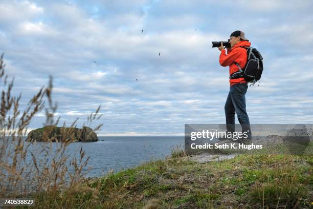 mid adult man photographing coastline, saint john, canada, - セントジョンズ ストックフォトと画像