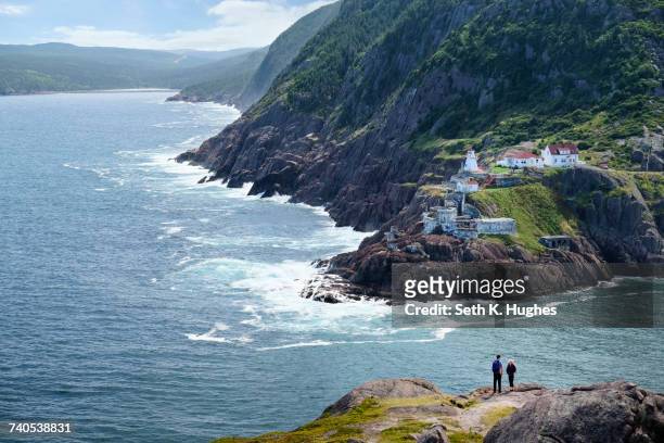 couple looking out from coastal cliff, st johns, newfoundland, canada - newfoundland stockfoto's en -beelden