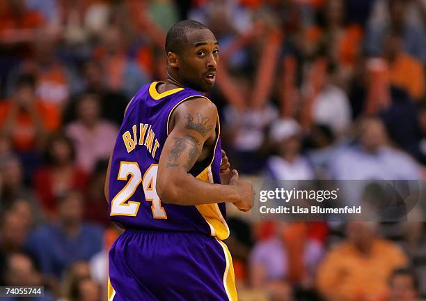 Kobe Bryant of the Los Angeles Lakers looks back while running downcourt in Game Five of the Western Conference Quarterfinals during the 2007 NBA...