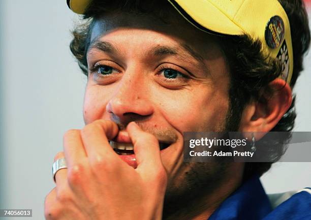 Valentino Rossi of Italy and the Fiat Yamaha team speaks during the press conference for the Motorcycle Grand Prix of China at the Shanghai Circuit...