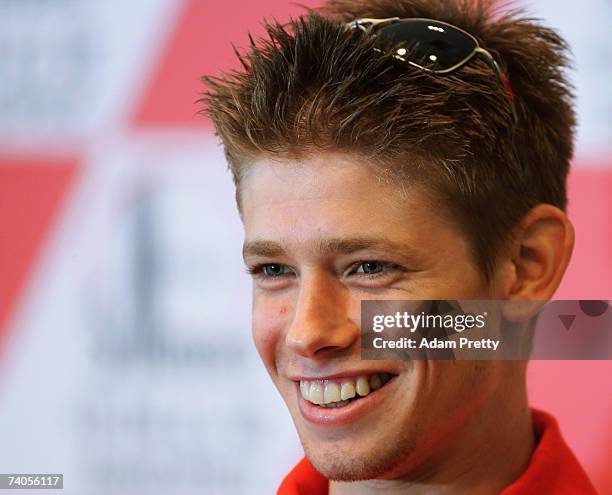 Casey Stoner of Australia and the Ducati Marlboro team speaks during the press conference for the Motorcycle Grand Prix of China at the Shanghai...