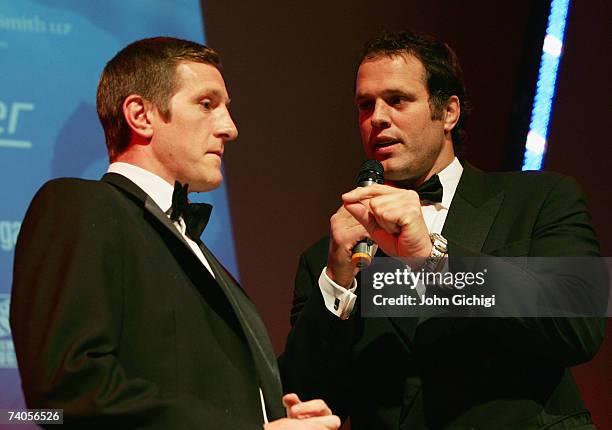 Will Greenwood is interviewed by host, Martin Bayfield after receiving the PRA Kingston Smith Special Merit Award during the PRA Computacenter Rugby...