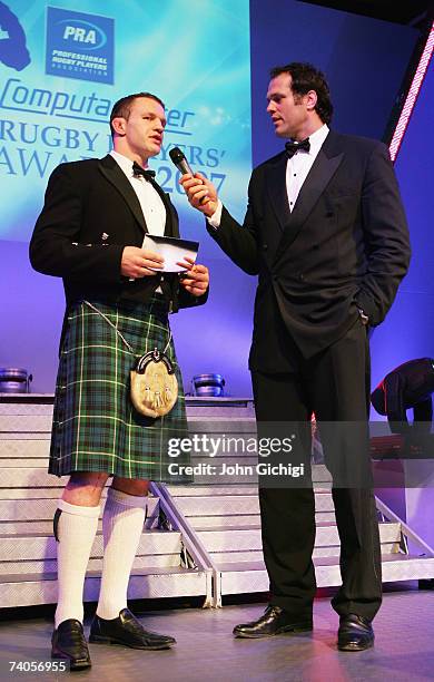 Jason White is interviewed by host, Martin Bayfield during the PRA Computacenter Rugby Players Awards Dinner at the Grosvenor House Hotel on May 2,...