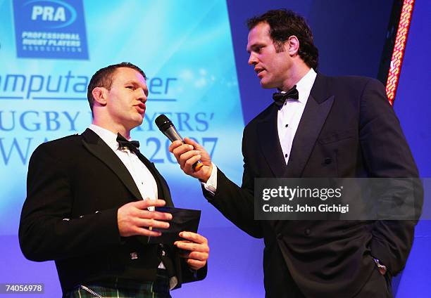 Jason White is interviewed by host, Martin Bayfield during the PRA Computacenter Rugby Players Awards Dinner at the Grosvenor House Hotel on May 2,...