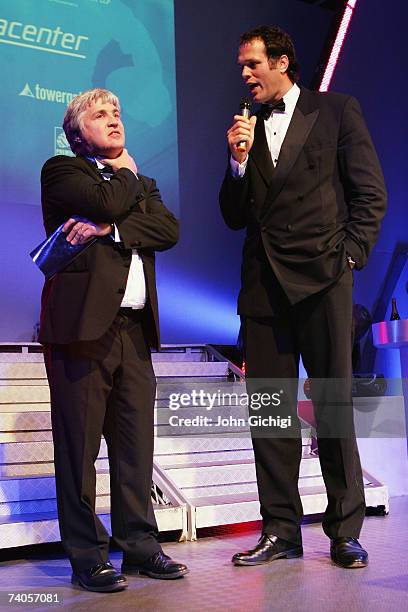 Stuart Barnes is interviewed by host, Martin Bayfield during the PRA Computacenter Rugby Players Awards Dinner at the Grosvenor House Hotel on May 2,...