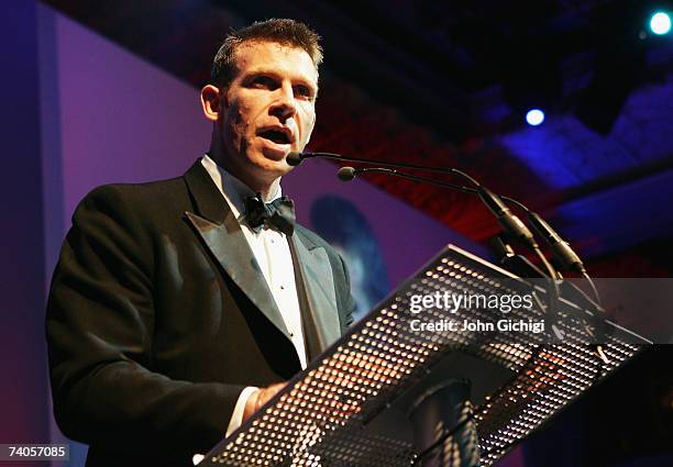 Damian Hopley, the CEO of the PRA speaks to the guests during the PRA Computacenter Rugby Players Awards Dinner at the Grosvenor House Hotel on May...