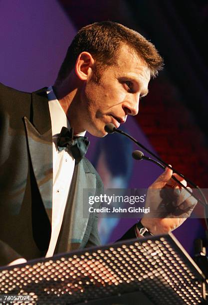 Damian Hopley, the CEO of the PRA speaks to the guests during the PRA Computacenter Rugby Players Awards Dinner at the Grosvenor House Hotel on May...