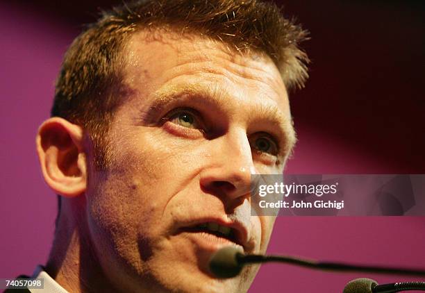 Damian Hopley, the CEO of the PRA speaks to the guests during the PRA Computacenter Rugby Players Awards Dinner at the Grosvenor House Hotel on May...