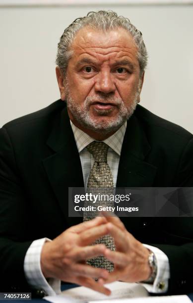 Businessman Sir Alan Sugar speaks at a press conference to launch a new computer 'Cluster' at Queen Mary, University of London on May 3, 2007 in...