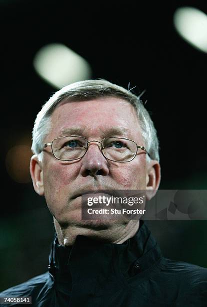 Sir Alex Ferguson manager of Manchester United looks on prior to the UEFA Champions League semi final, second leg match between AC Milan and...