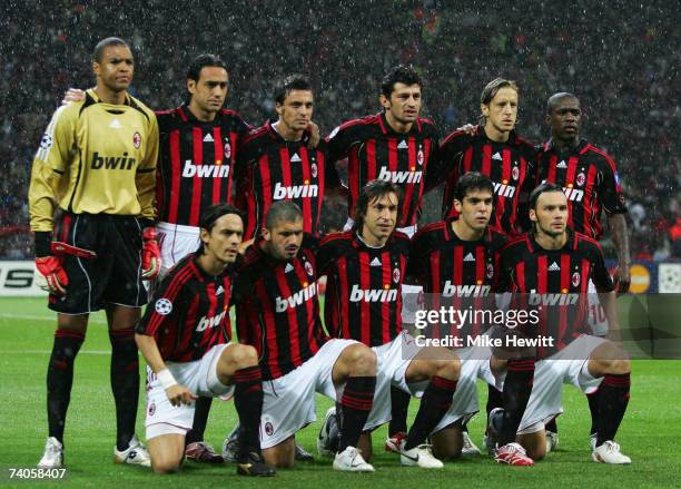 The AC Milan team line up prior to the UEFA Champions League semi final, second leg match between AC Milan and Manchester United at the San Siro...