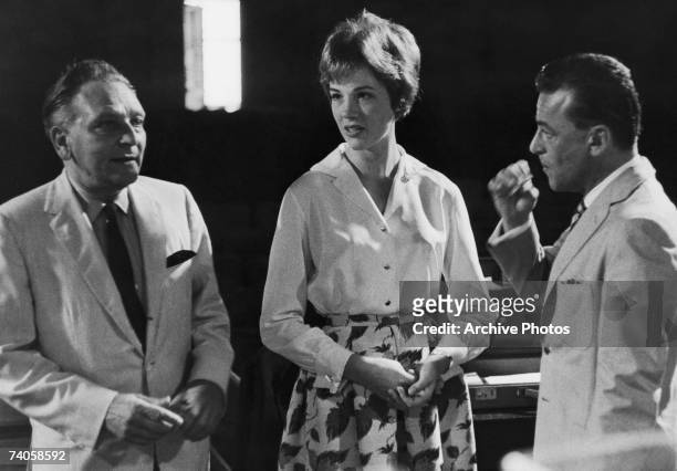 From left to right, composer Frederic Loewe , actress Julie Andrews and lyricist Alan Jay Lerner during a rehearsal for their new Broadway musical...