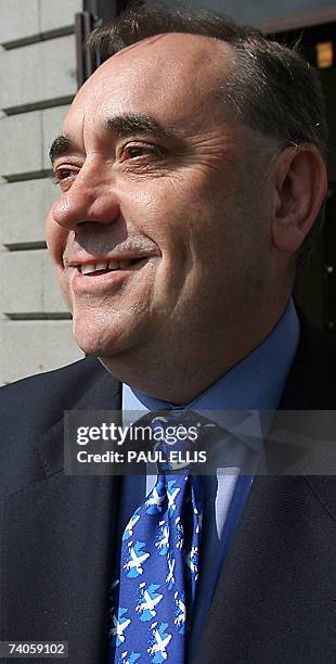 Inverurie, UNITED KINGDOM: Scottish National Party leader Alex Salmond leaves the Polling Place at the Town Hall in Inverurie, Aberdeenshire,...